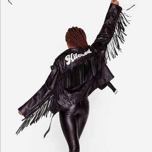 Just Hitched Graphic Real Leather Fringe Jacket by Nasty Gal